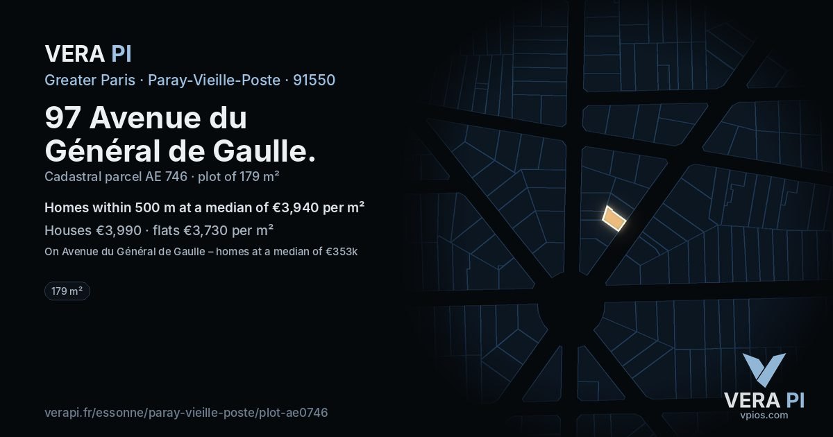 97 Avenue du Général de Gaulle, Paray-Vieille-Poste at night – the plot lit, the parcels around coloured by the prices near them