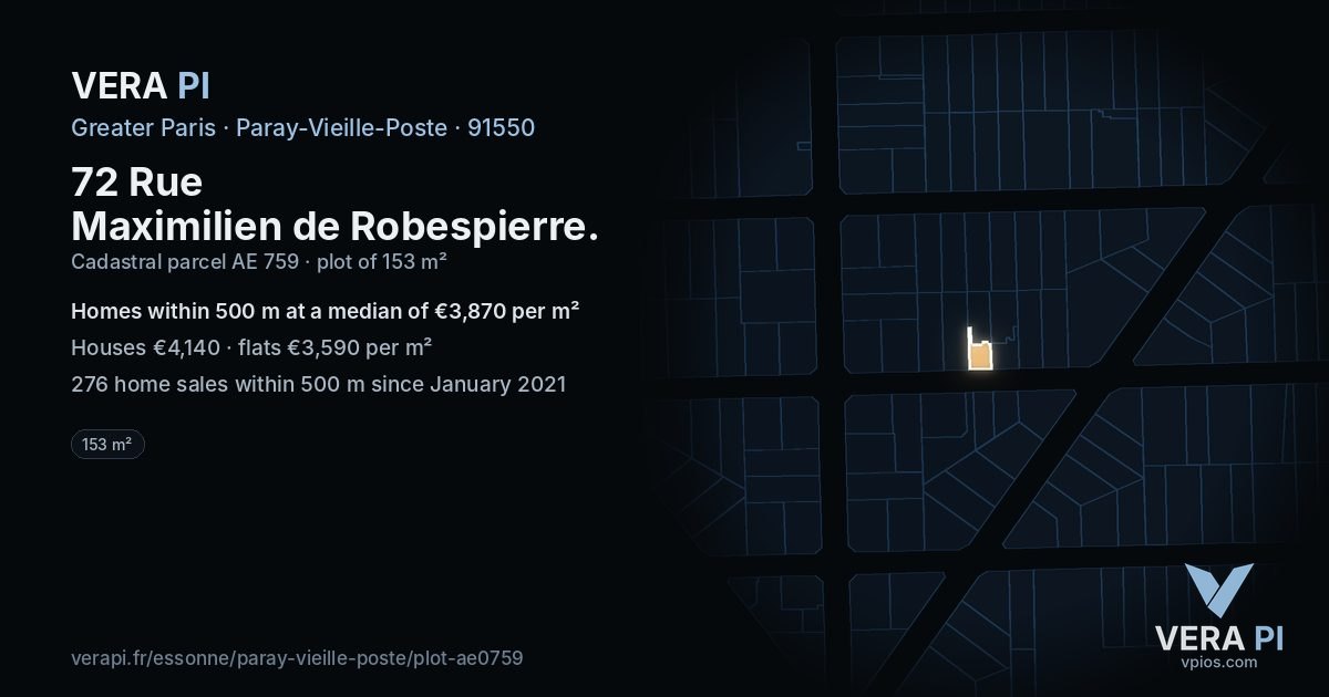 72 Rue Maximilien de Robespierre, Paray-Vieille-Poste at night – the plot lit, the parcels around coloured by the prices near them