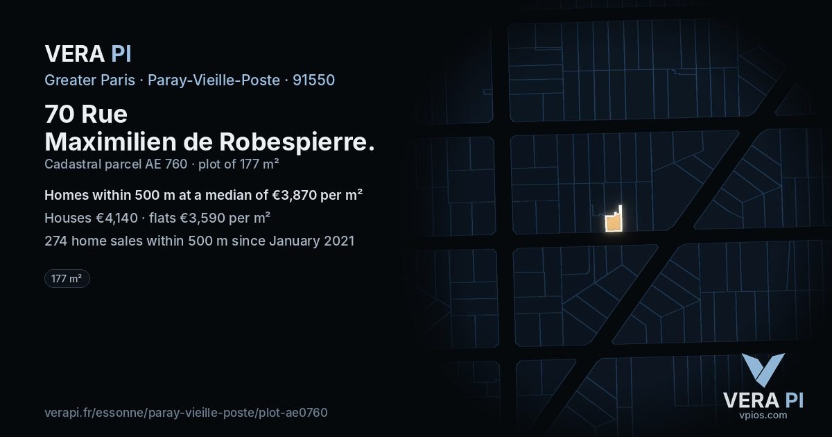 70 Rue Maximilien de Robespierre, Paray-Vieille-Poste at night – the plot lit, the parcels around coloured by the prices near them