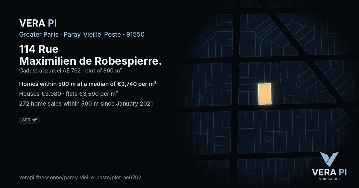 114 Rue Maximilien de Robespierre, Paray-Vieille-Poste at night – the plot lit, the parcels around coloured by the prices near them