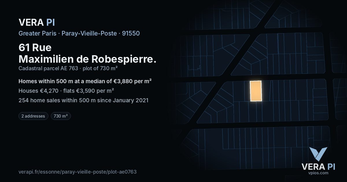 61 Rue Maximilien de Robespierre, Paray-Vieille-Poste at night – the plot lit, the parcels around coloured by the prices near them