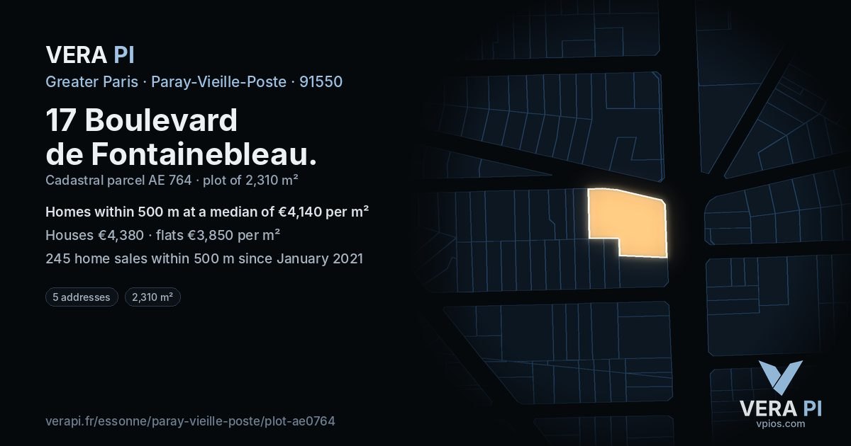 17 Boulevard de Fontainebleau, Paray-Vieille-Poste at night – the plot lit, the parcels around coloured by the prices near them