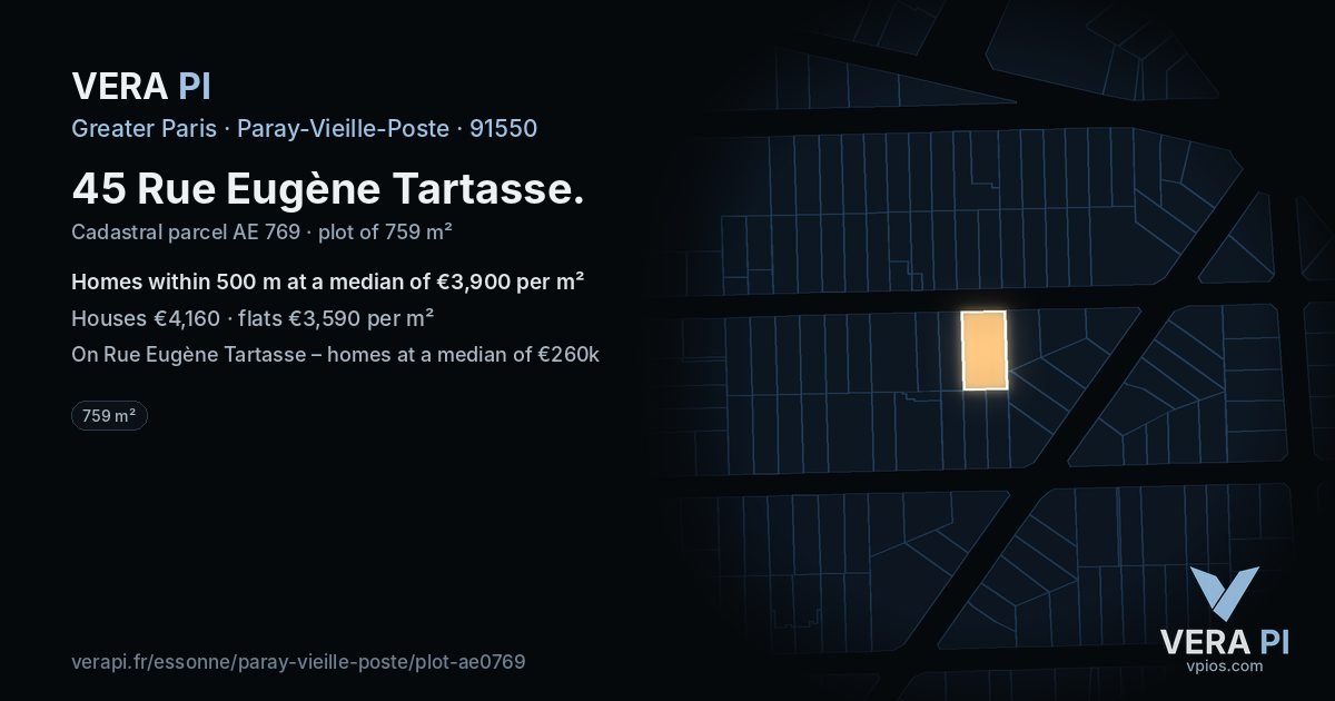 45 Rue Eugène Tartasse, Paray-Vieille-Poste at night – the plot lit, the parcels around coloured by the prices near them