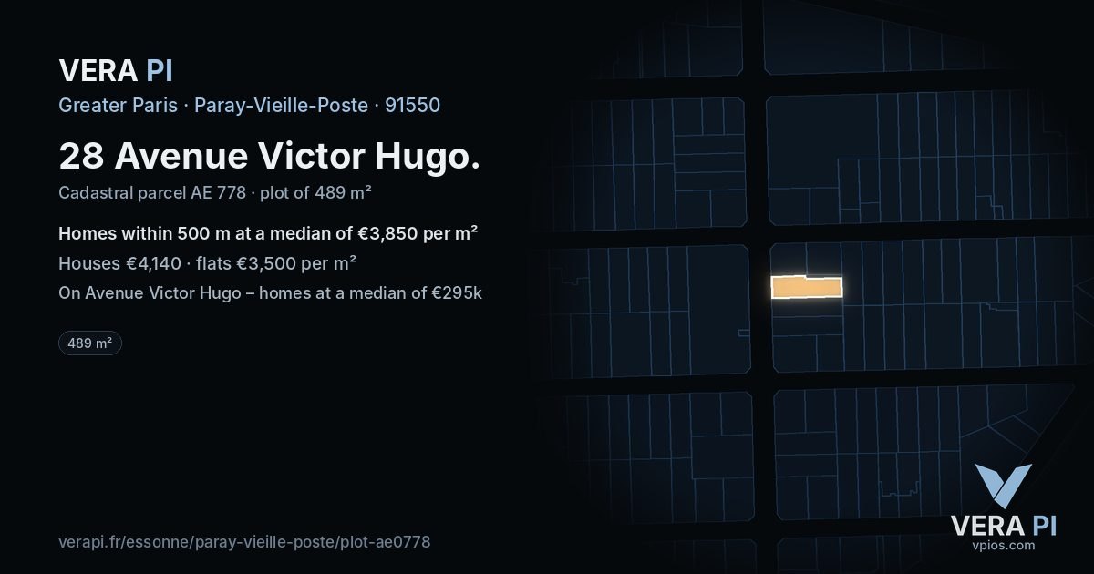 28 Avenue Victor Hugo, Paray-Vieille-Poste at night – the plot lit, the parcels around coloured by the prices near them