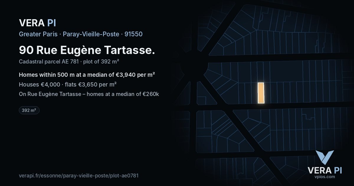90 Rue Eugène Tartasse, Paray-Vieille-Poste at night – the plot lit, the parcels around coloured by the prices near them