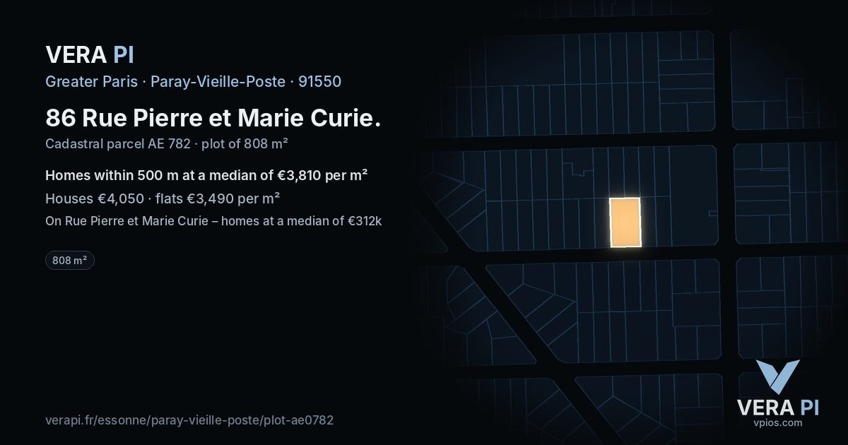 86 Rue Pierre et Marie Curie, Paray-Vieille-Poste at night – the plot lit, the parcels around coloured by the prices near them