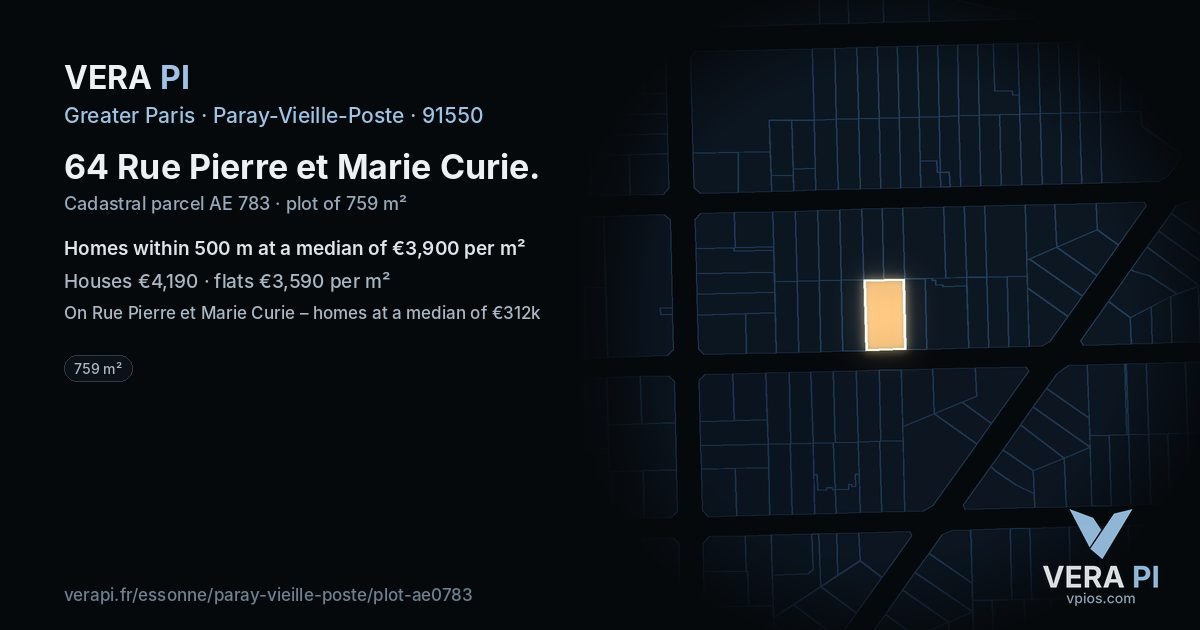 64 Rue Pierre et Marie Curie, Paray-Vieille-Poste at night – the plot lit, the parcels around coloured by the prices near them