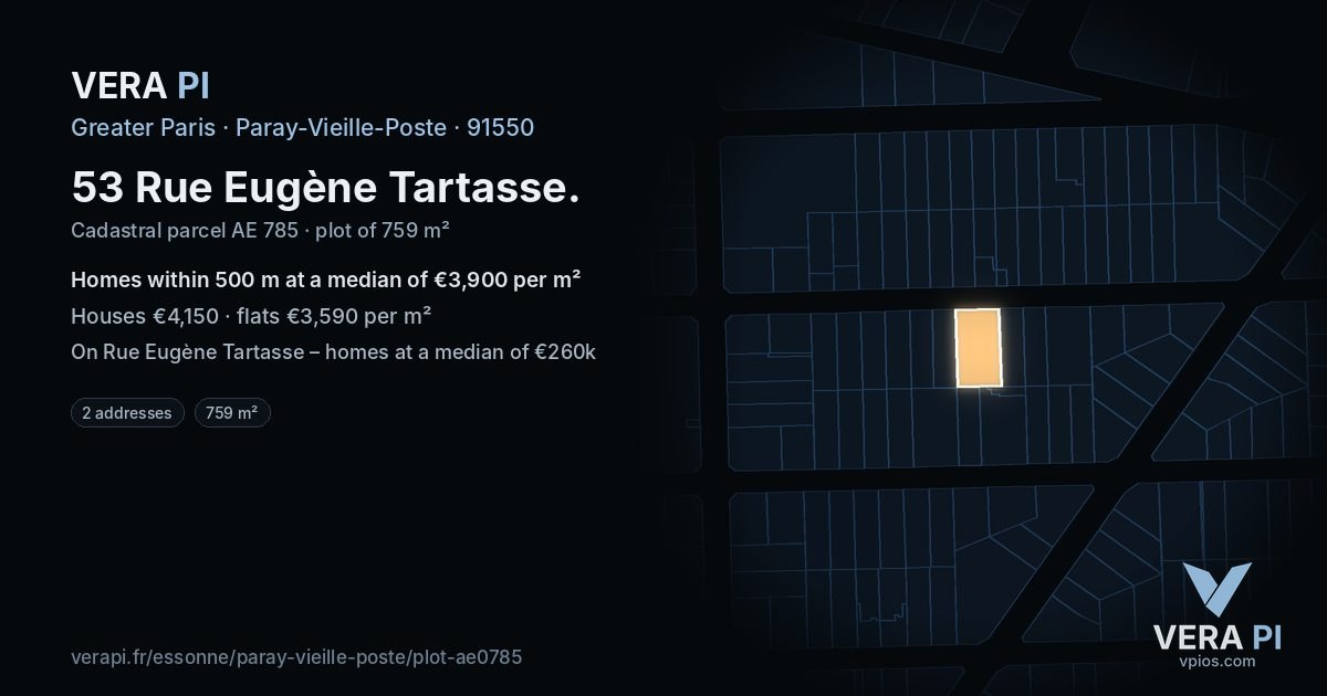 53 Rue Eugène Tartasse, Paray-Vieille-Poste at night – the plot lit, the parcels around coloured by the prices near them