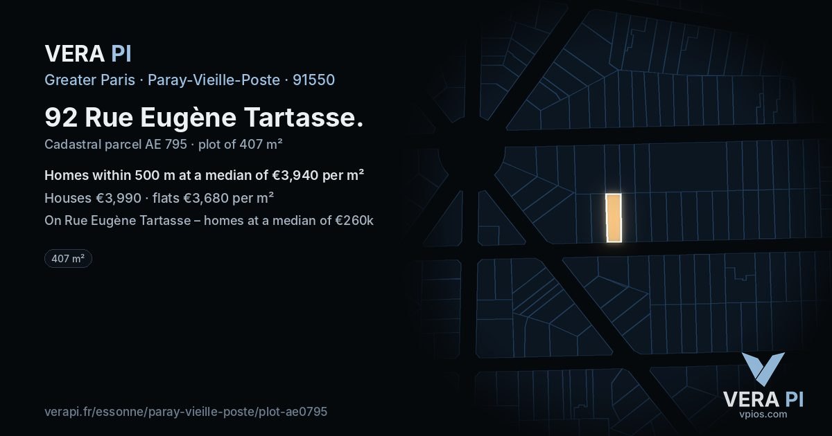92 Rue Eugène Tartasse, Paray-Vieille-Poste at night – the plot lit, the parcels around coloured by the prices near them