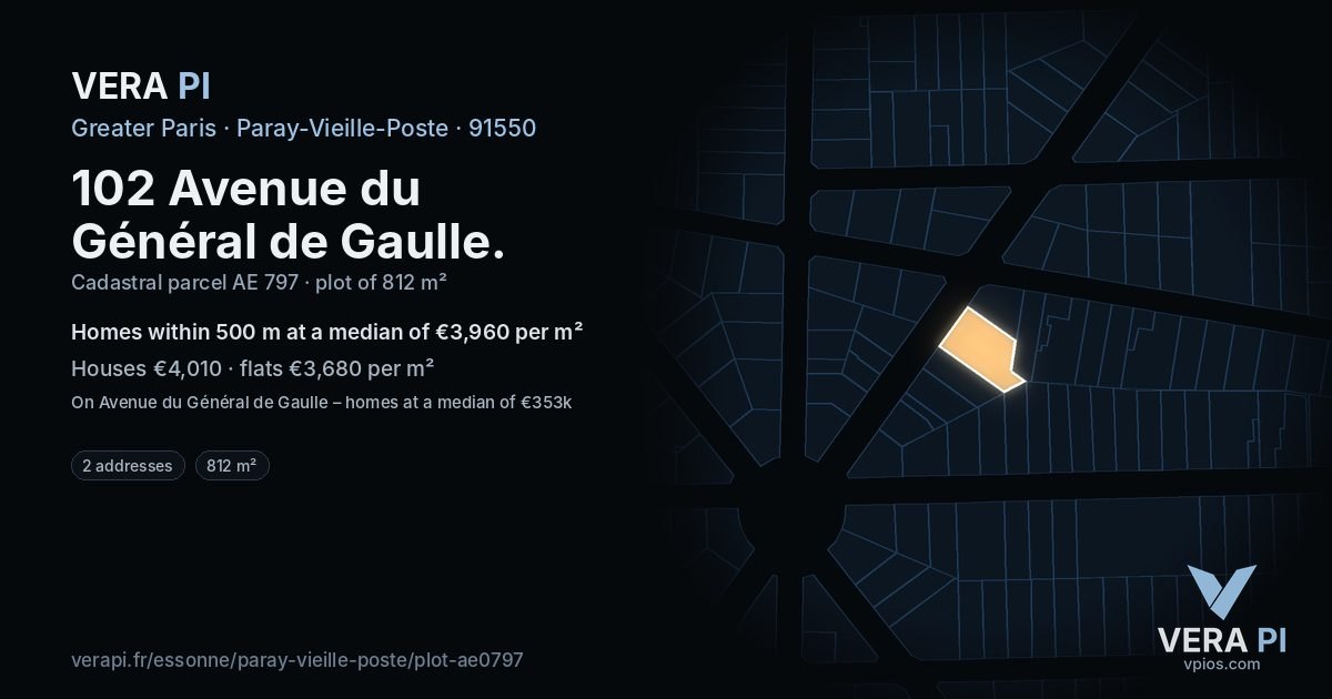 102 Avenue du Général de Gaulle, Paray-Vieille-Poste at night – the plot lit, the parcels around coloured by the prices near them