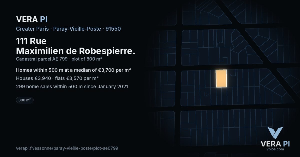 111 Rue Maximilien de Robespierre, Paray-Vieille-Poste at night – the plot lit, the parcels around coloured by the prices near them