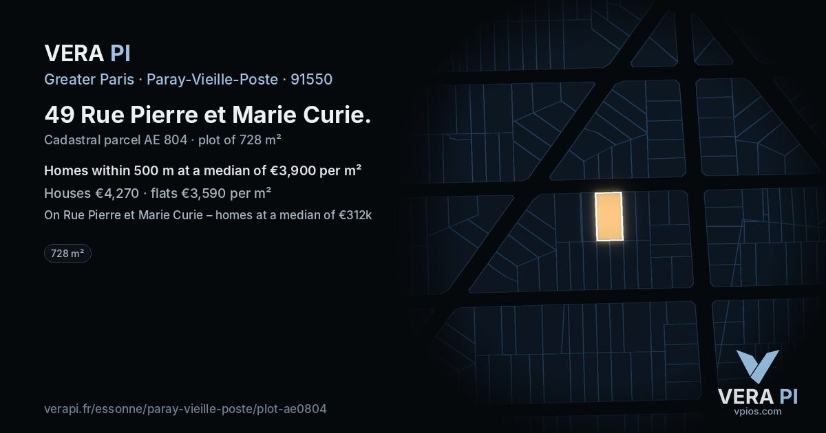 49 Rue Pierre et Marie Curie, Paray-Vieille-Poste at night – the plot lit, the parcels around coloured by the prices near them