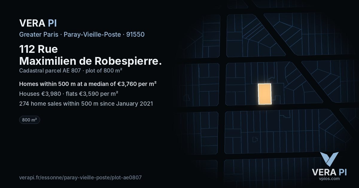 112 Rue Maximilien de Robespierre, Paray-Vieille-Poste at night – the plot lit, the parcels around coloured by the prices near them