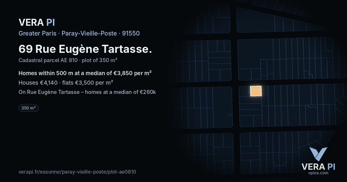 69 Rue Eugène Tartasse, Paray-Vieille-Poste at night – the plot lit, the parcels around coloured by the prices near them