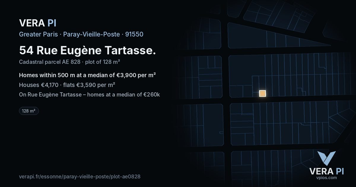 54 Rue Eugène Tartasse, Paray-Vieille-Poste at night – the plot lit, the parcels around coloured by the prices near them