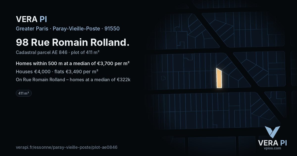 98 Rue Romain Rolland, Paray-Vieille-Poste at night – the plot lit, the parcels around coloured by the prices near them