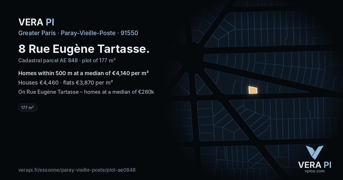 8 Rue Eugène Tartasse, Paray-Vieille-Poste at night – the plot lit, the parcels around coloured by the prices near them