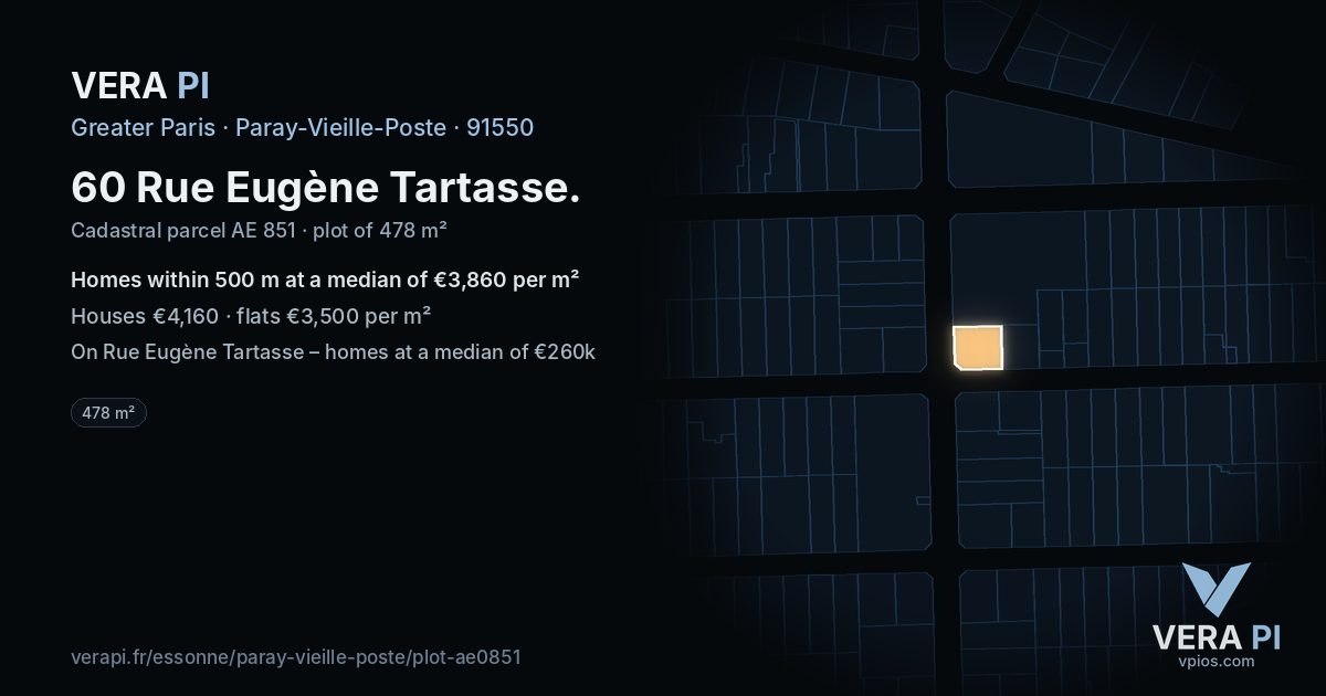 60 Rue Eugène Tartasse, Paray-Vieille-Poste at night – the plot lit, the parcels around coloured by the prices near them