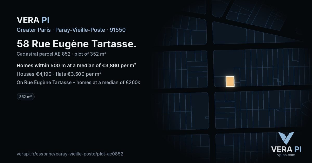 58 Rue Eugène Tartasse, Paray-Vieille-Poste at night – the plot lit, the parcels around coloured by the prices near them