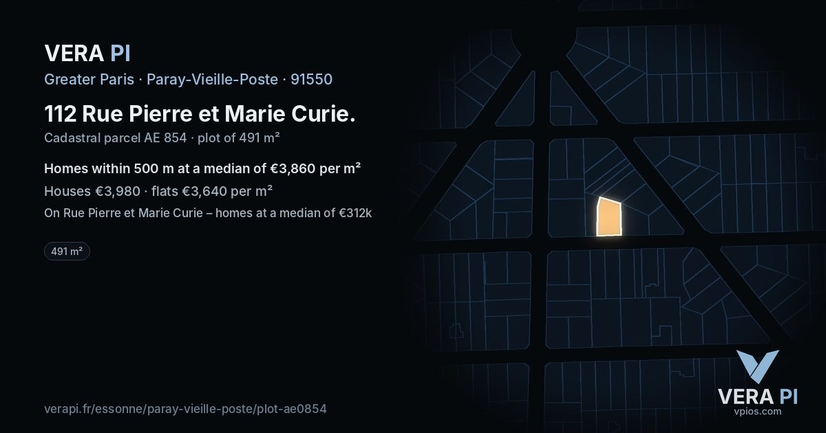 112 Rue Pierre et Marie Curie, Paray-Vieille-Poste at night – the plot lit, the parcels around coloured by the prices near them