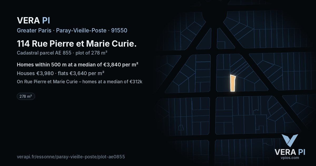 114 Rue Pierre et Marie Curie, Paray-Vieille-Poste at night – the plot lit, the parcels around coloured by the prices near them