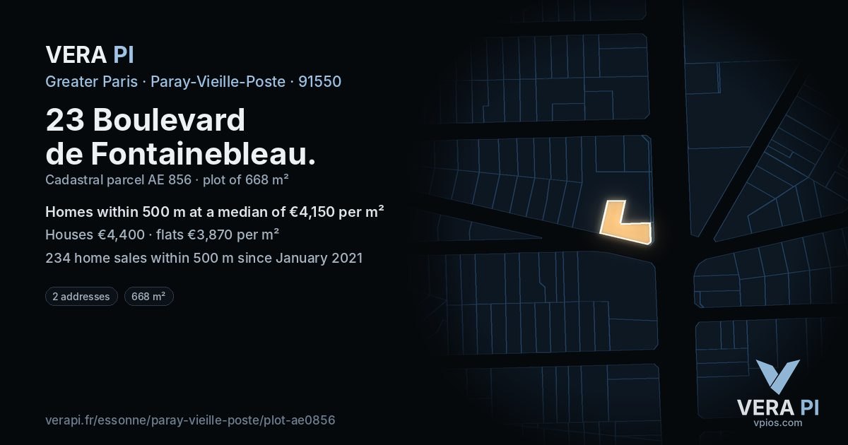 23 Boulevard de Fontainebleau, Paray-Vieille-Poste at night – the plot lit, the parcels around coloured by the prices near them