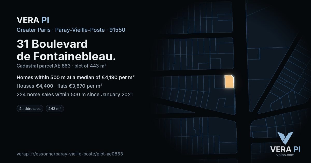 31 Boulevard de Fontainebleau, Paray-Vieille-Poste at night – the plot lit, the parcels around coloured by the prices near them