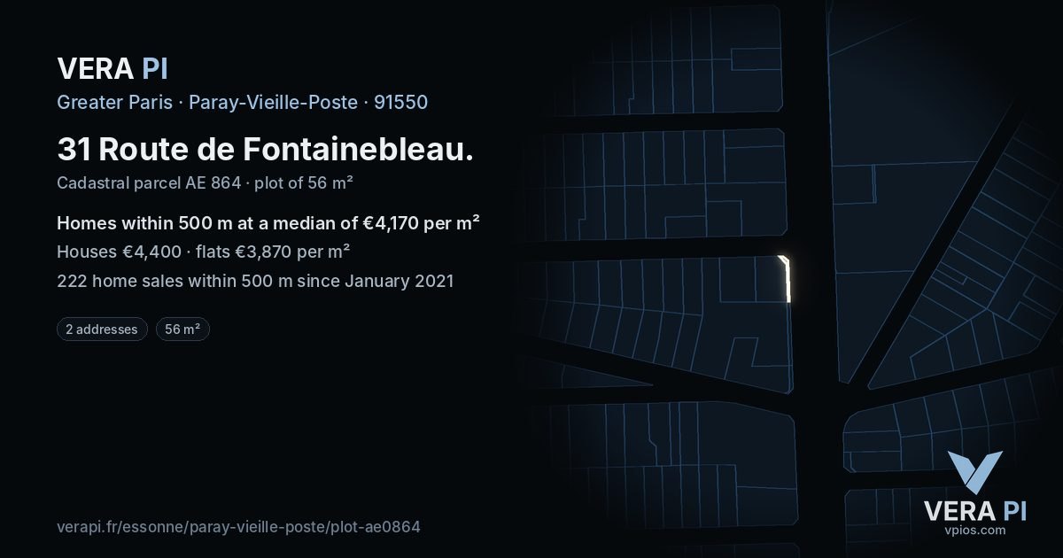 31 Route de Fontainebleau, Paray-Vieille-Poste at night – the plot lit, the parcels around coloured by the prices near them