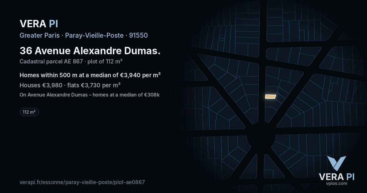36 Avenue Alexandre Dumas, Paray-Vieille-Poste at night – the plot lit, the parcels around coloured by the prices near them