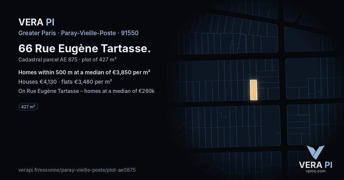66 Rue Eugène Tartasse, Paray-Vieille-Poste at night – the plot lit, the parcels around coloured by the prices near them