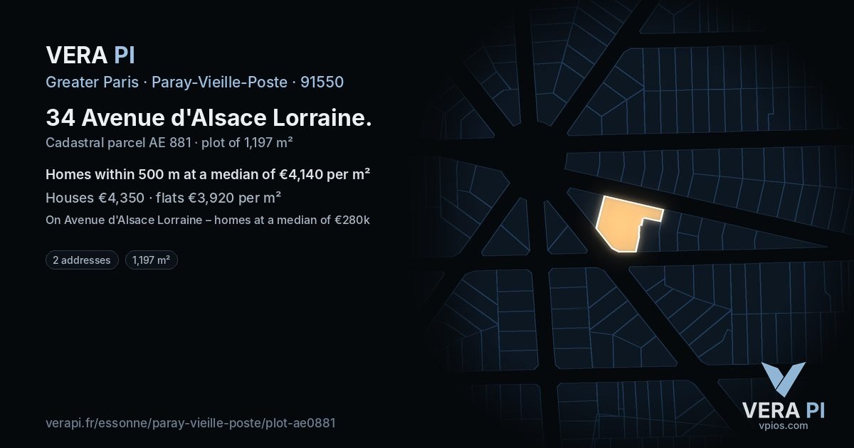 34 Avenue d'Alsace Lorraine, Paray-Vieille-Poste at night – the plot lit, the parcels around coloured by the prices near them