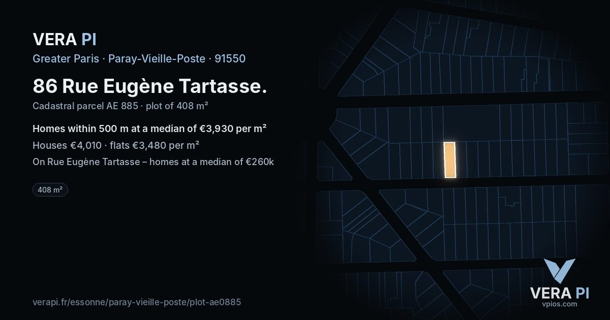 86 Rue Eugène Tartasse, Paray-Vieille-Poste at night – the plot lit, the parcels around coloured by the prices near them