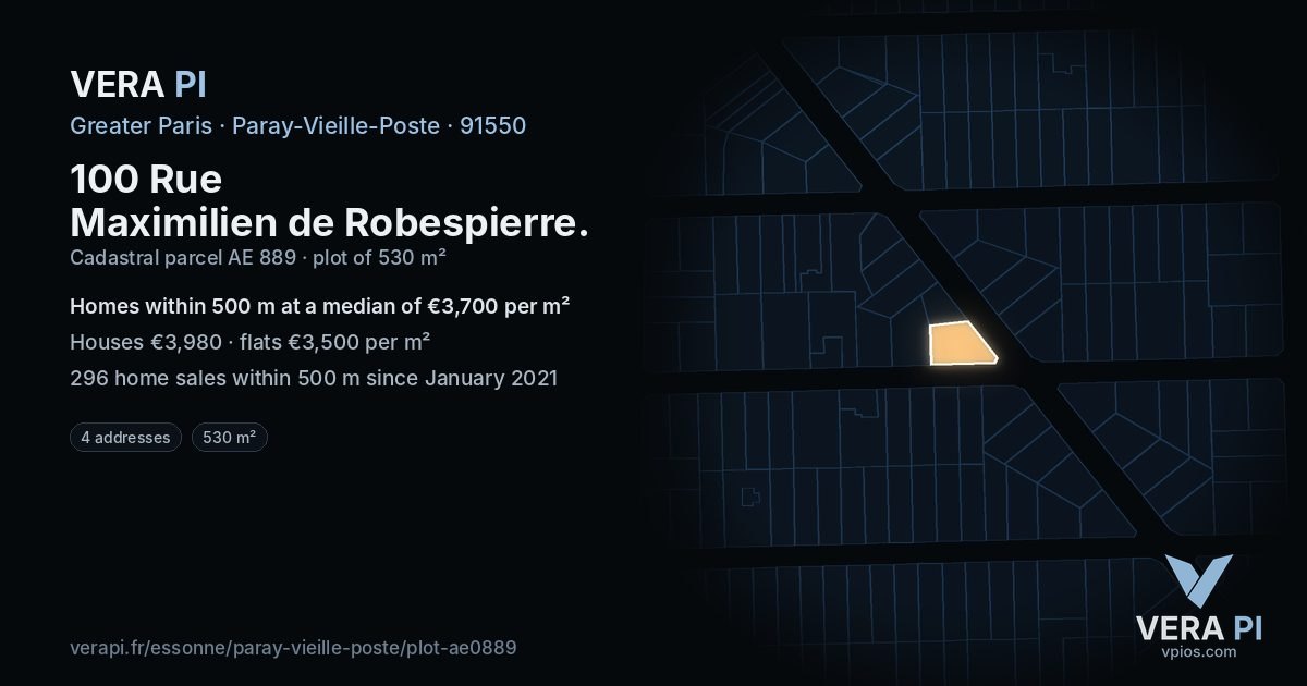 100 Rue Maximilien de Robespierre, Paray-Vieille-Poste at night – the plot lit, the parcels around coloured by the prices near them