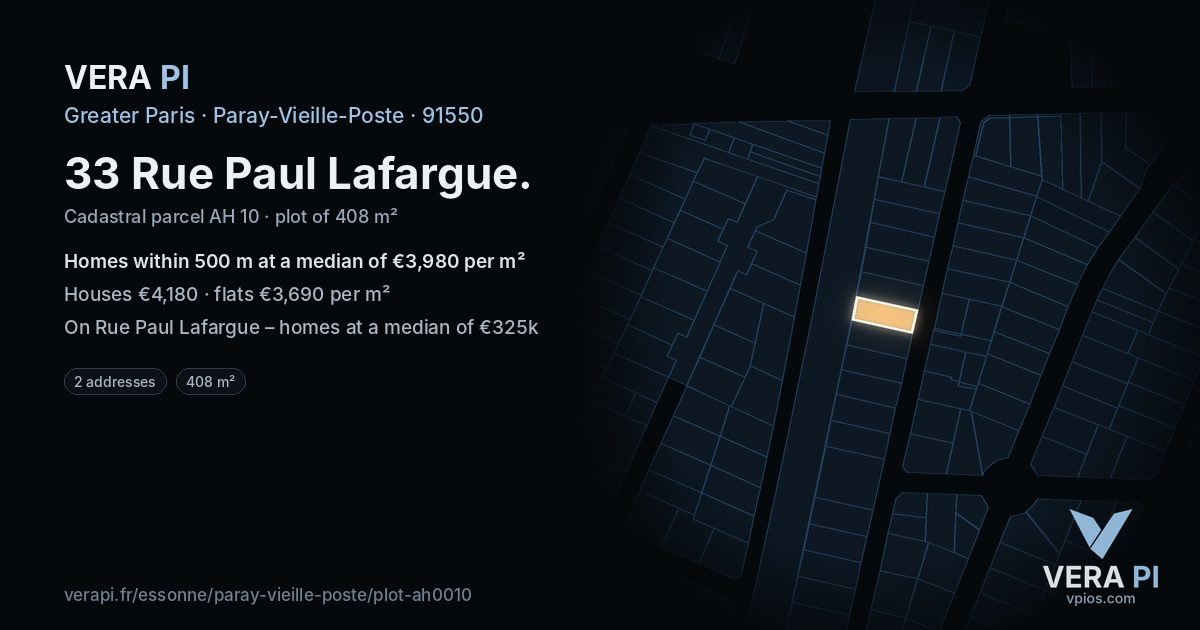 33 Rue Paul Lafargue, Paray-Vieille-Poste at night – the plot lit, the parcels around coloured by the prices near them