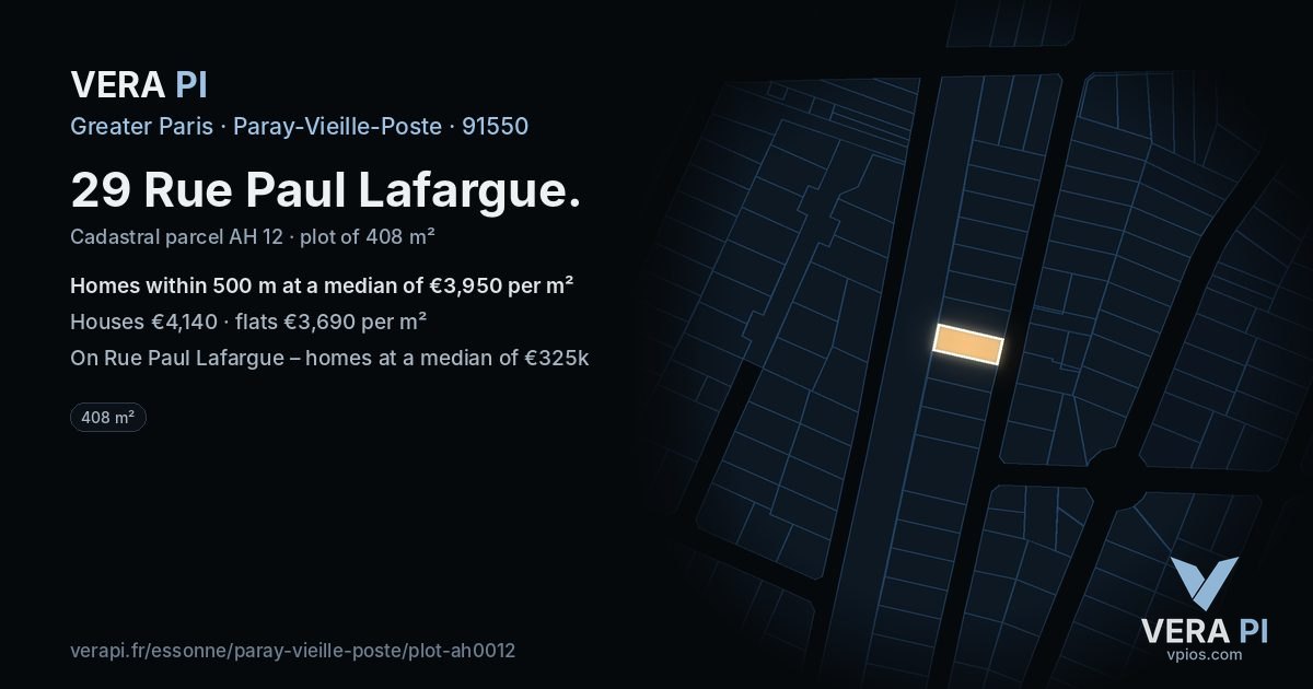 29 Rue Paul Lafargue, Paray-Vieille-Poste at night – the plot lit, the parcels around coloured by the prices near them