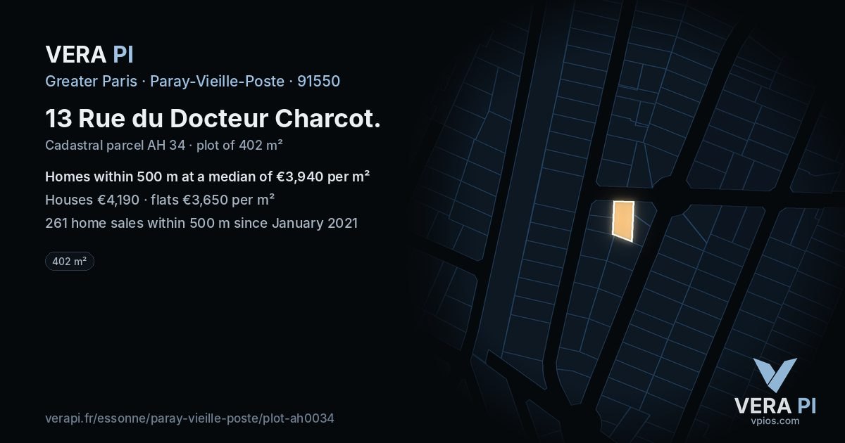 13 Rue du Docteur Charcot, Paray-Vieille-Poste at night – the plot lit, the parcels around coloured by the prices near them