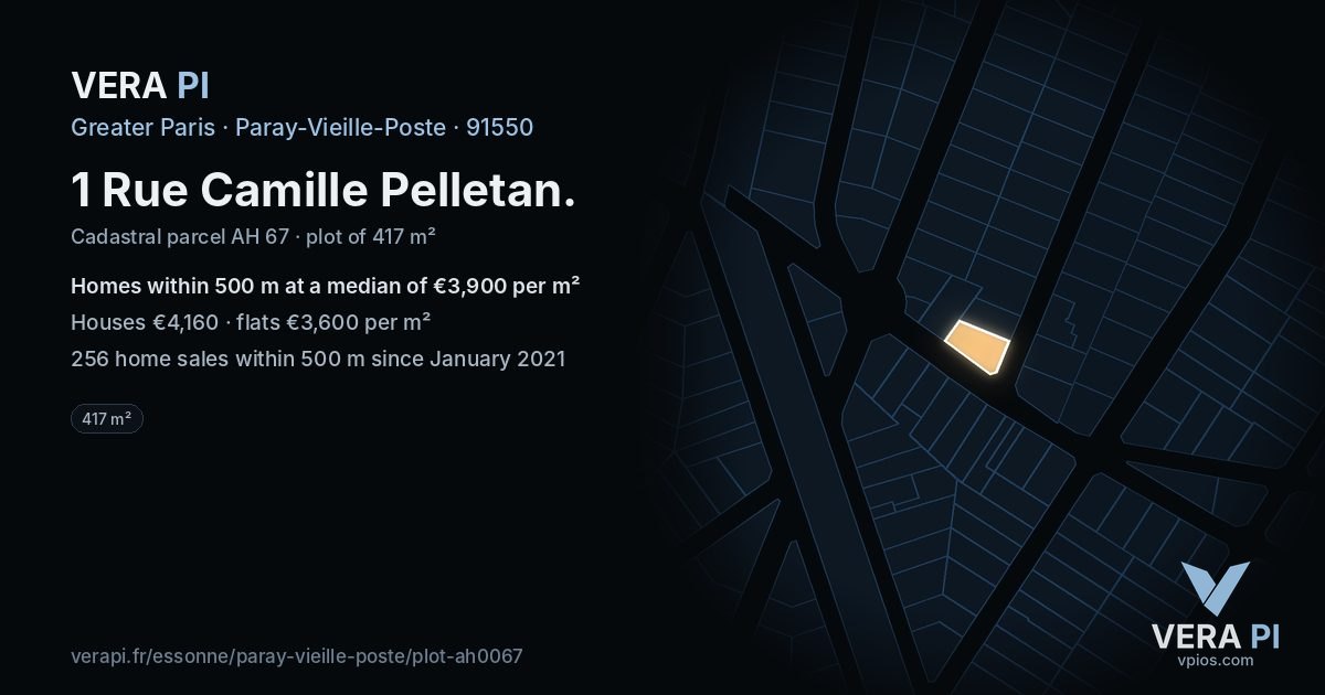 1 Rue Camille Pelletan, Paray-Vieille-Poste at night – the plot lit, the parcels around coloured by the prices near them