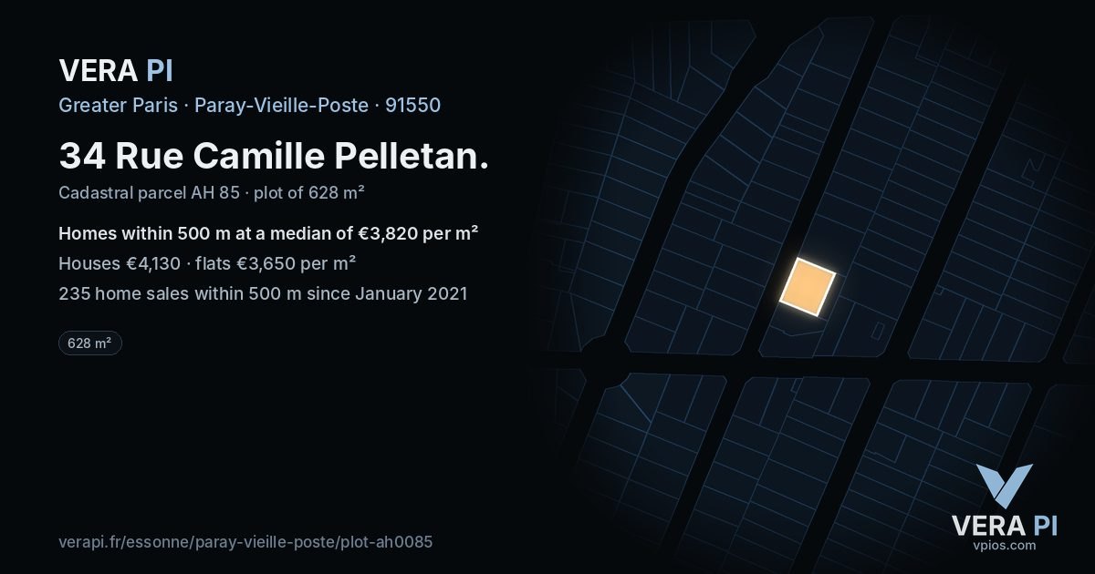 34 Rue Camille Pelletan, Paray-Vieille-Poste at night – the plot lit, the parcels around coloured by the prices near them