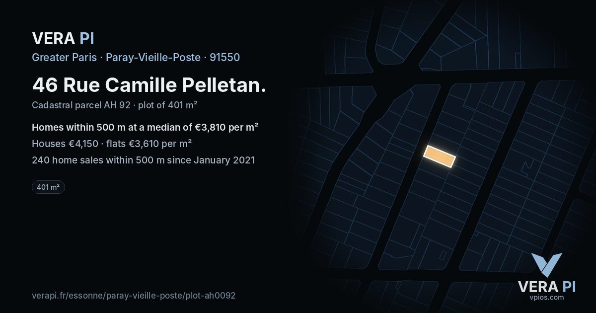 46 Rue Camille Pelletan, Paray-Vieille-Poste at night – the plot lit, the parcels around coloured by the prices near them