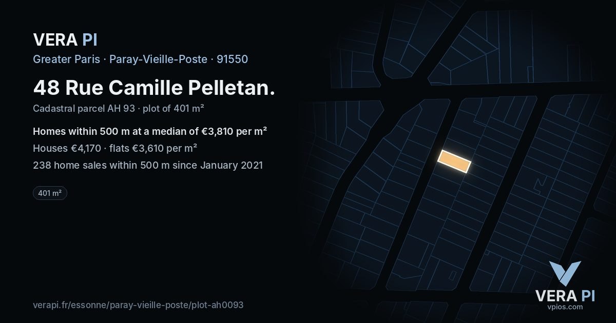 48 Rue Camille Pelletan, Paray-Vieille-Poste at night – the plot lit, the parcels around coloured by the prices near them