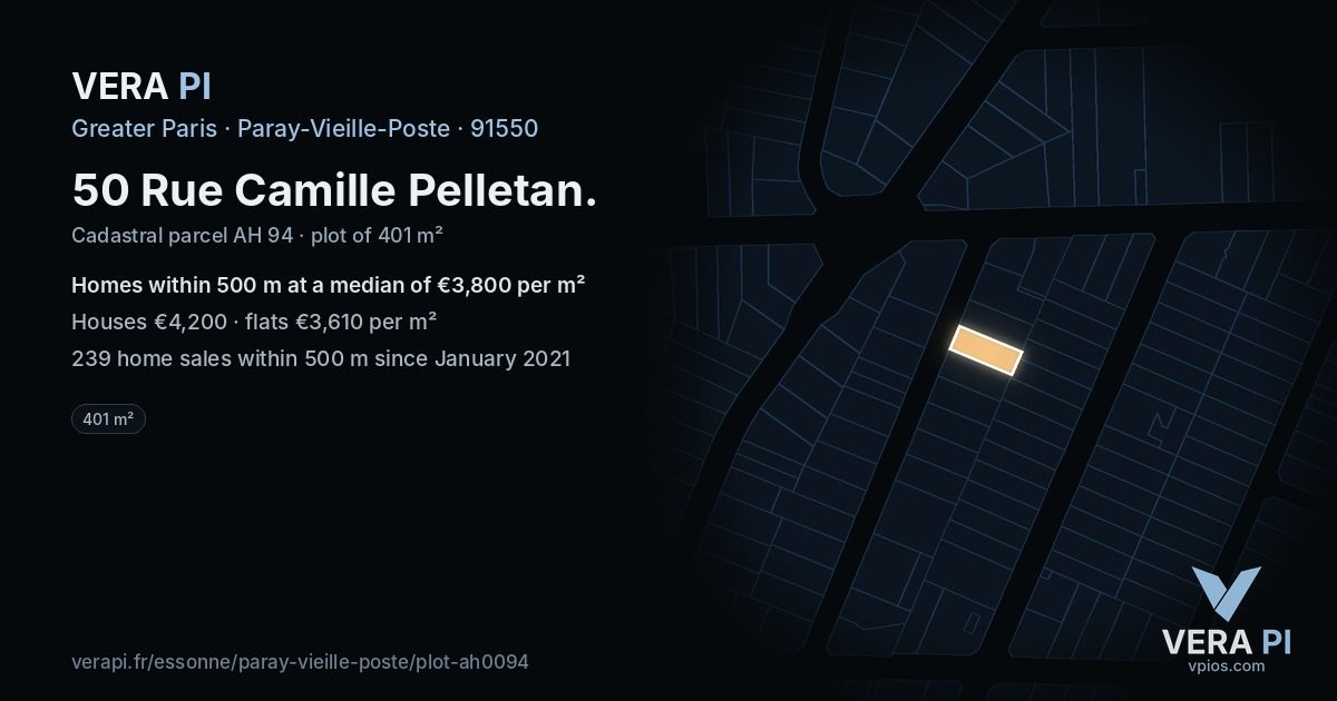 50 Rue Camille Pelletan, Paray-Vieille-Poste at night – the plot lit, the parcels around coloured by the prices near them