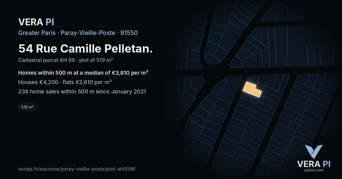 54 Rue Camille Pelletan, Paray-Vieille-Poste at night – the plot lit, the parcels around coloured by the prices near them