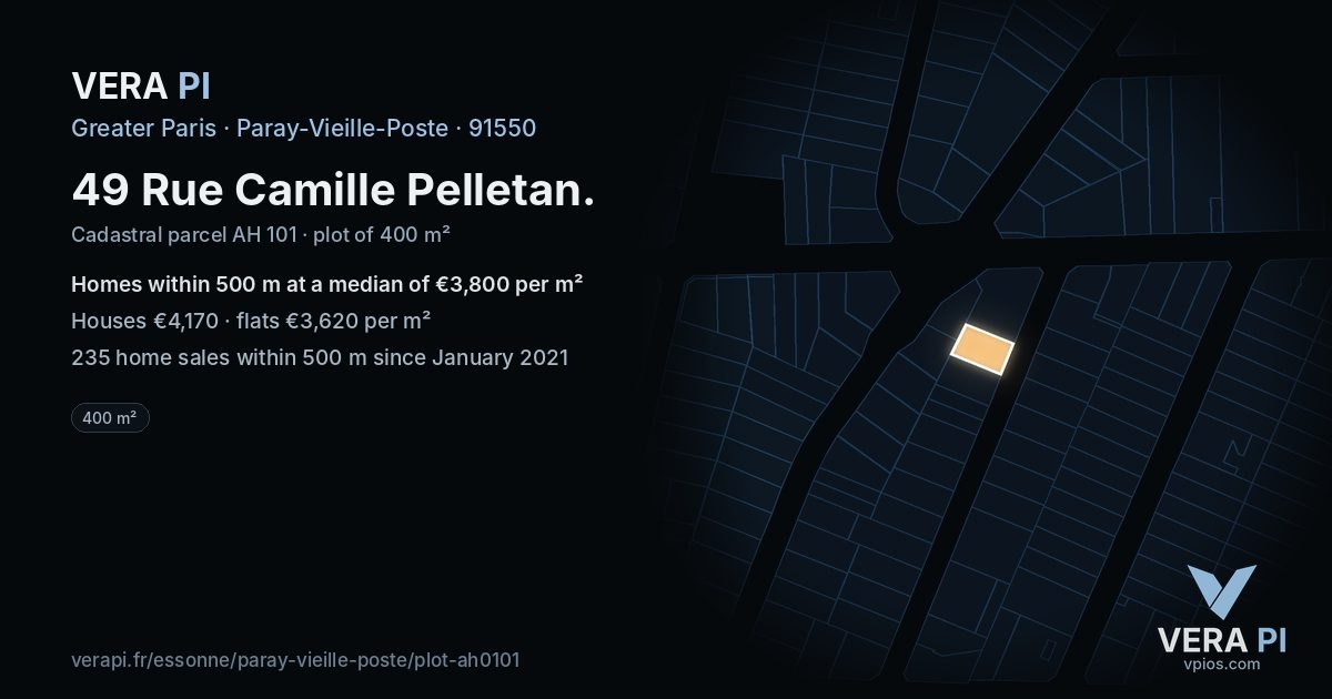 49 Rue Camille Pelletan, Paray-Vieille-Poste at night – the plot lit, the parcels around coloured by the prices near them
