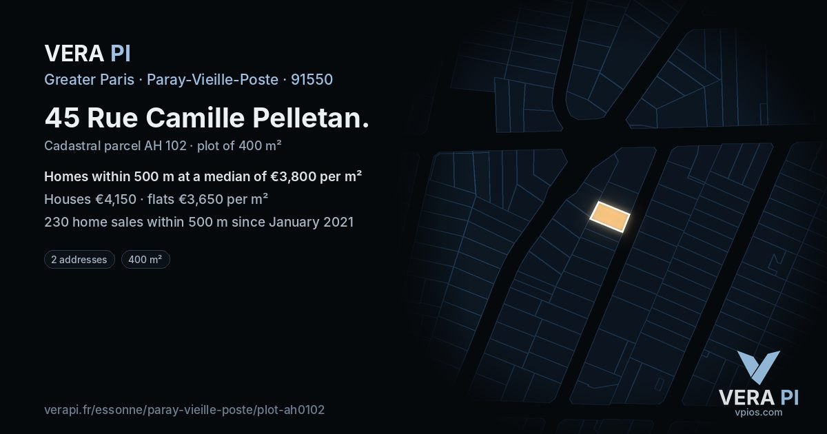 45 Rue Camille Pelletan, Paray-Vieille-Poste at night – the plot lit, the parcels around coloured by the prices near them