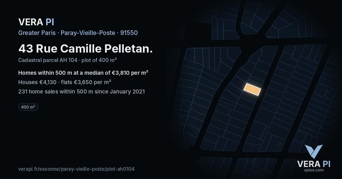43 Rue Camille Pelletan, Paray-Vieille-Poste at night – the plot lit, the parcels around coloured by the prices near them