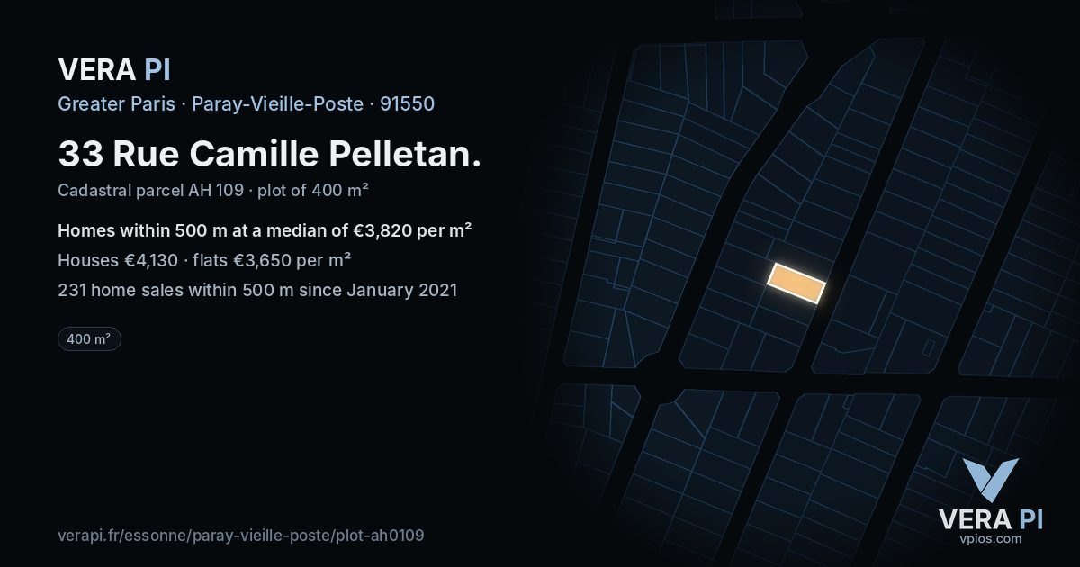 33 Rue Camille Pelletan, Paray-Vieille-Poste at night – the plot lit, the parcels around coloured by the prices near them