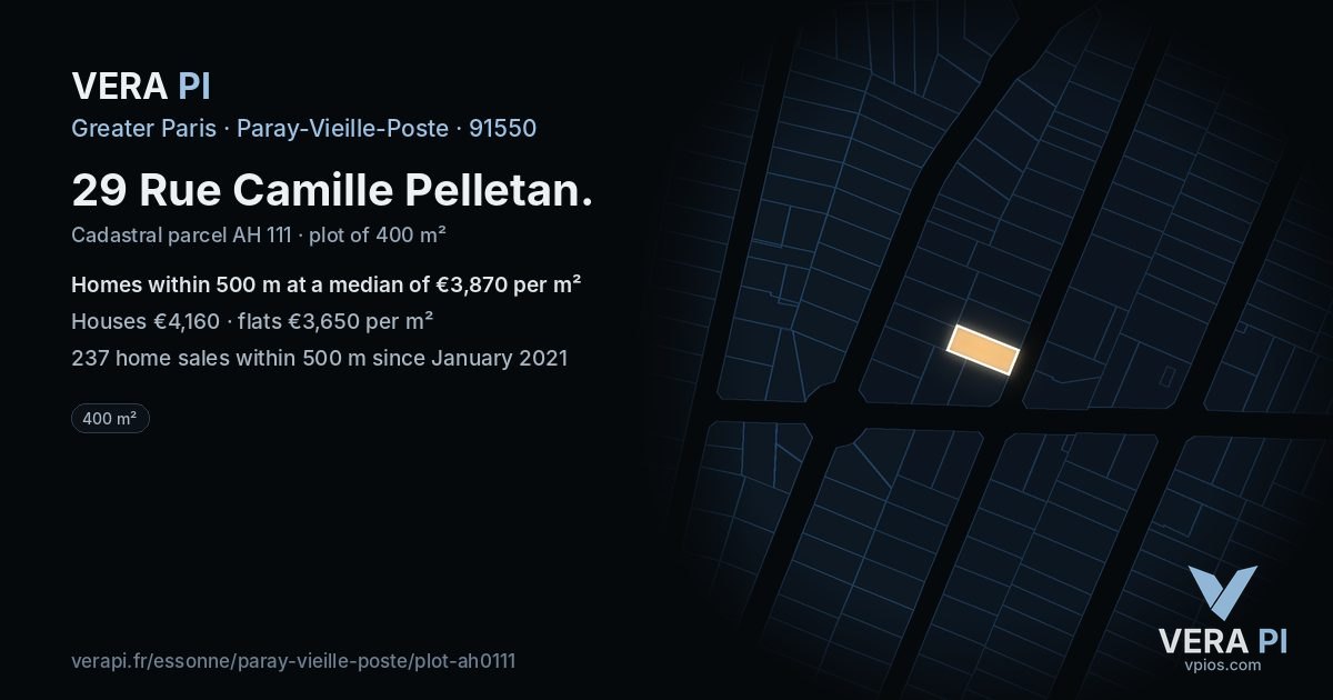 29 Rue Camille Pelletan, Paray-Vieille-Poste at night – the plot lit, the parcels around coloured by the prices near them