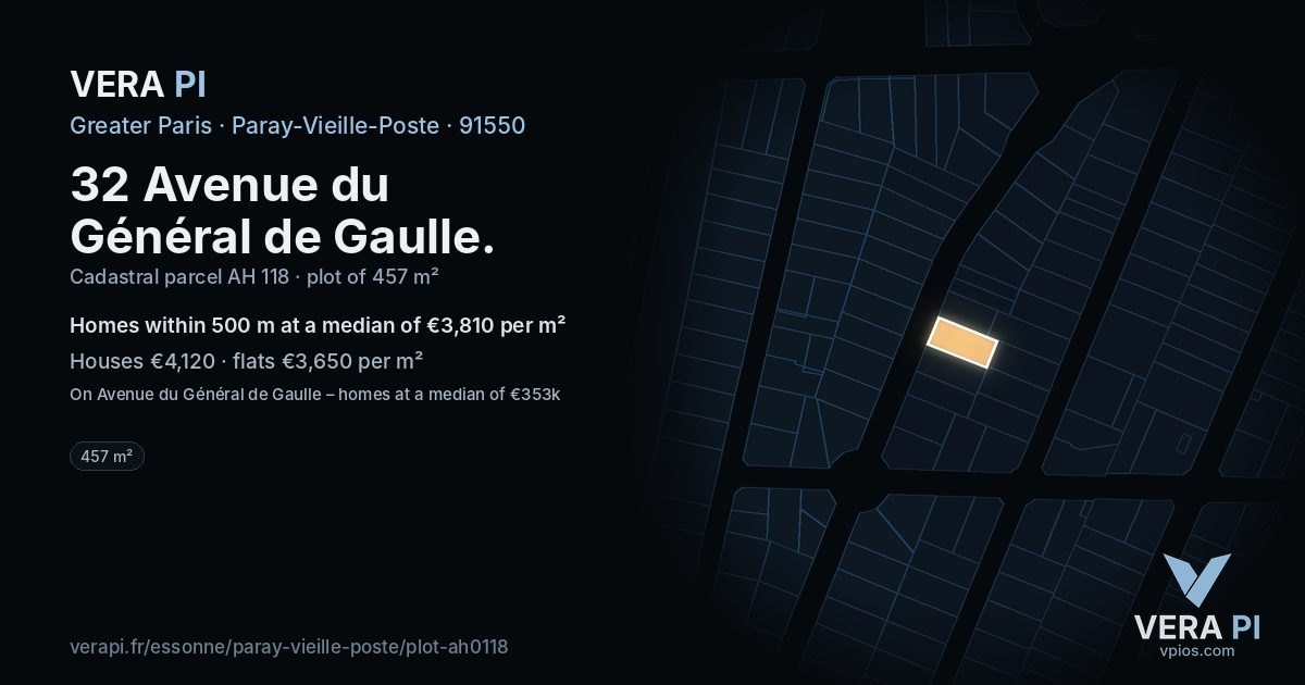32 Avenue du Général de Gaulle, Paray-Vieille-Poste at night – the plot lit, the parcels around coloured by the prices near them