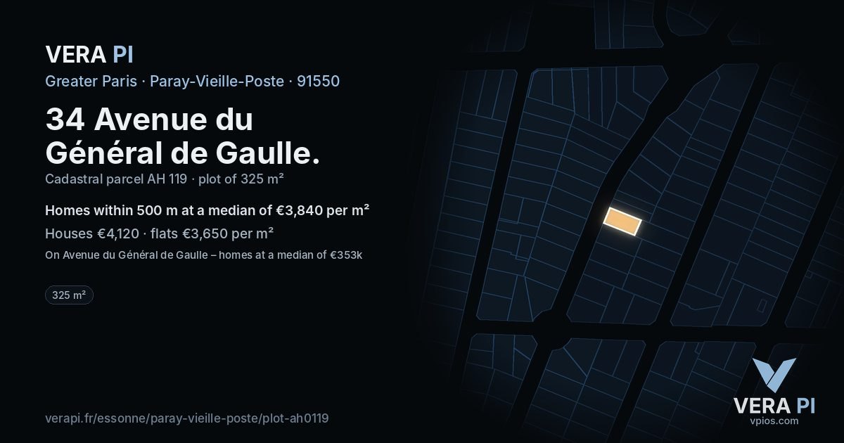 34 Avenue du Général de Gaulle, Paray-Vieille-Poste at night – the plot lit, the parcels around coloured by the prices near them