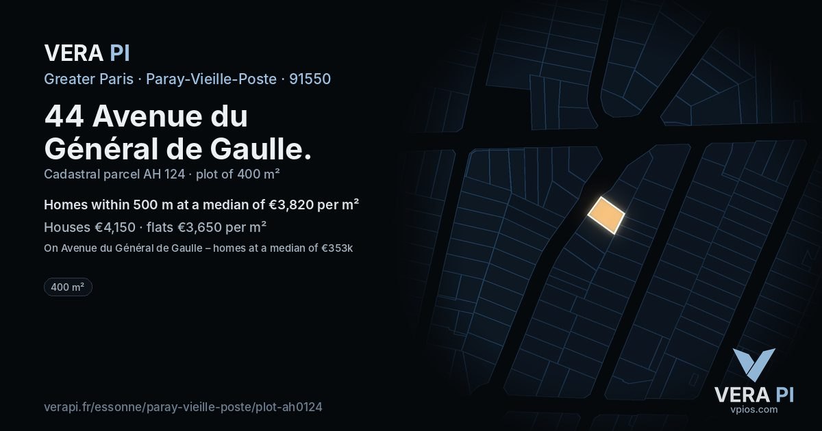 44 Avenue du Général de Gaulle, Paray-Vieille-Poste at night – the plot lit, the parcels around coloured by the prices near them